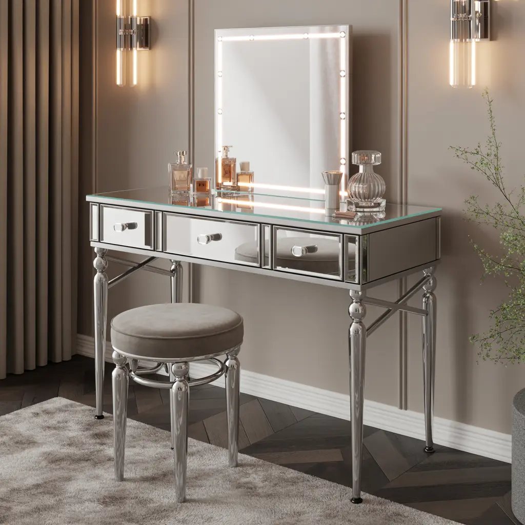 21. Elegant Glass Top Vanity with Chrome Details