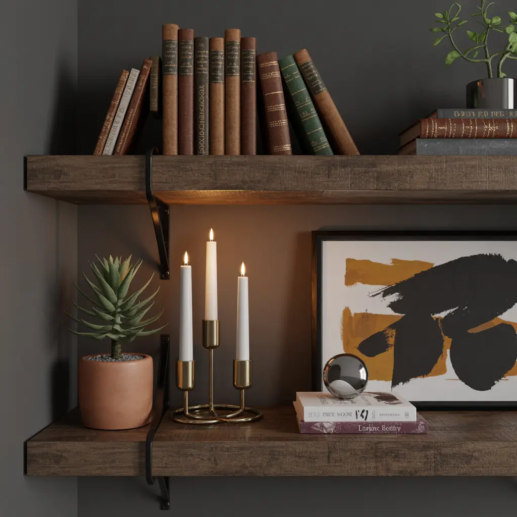 21. Floating Shelves with Vintage Books and Candles