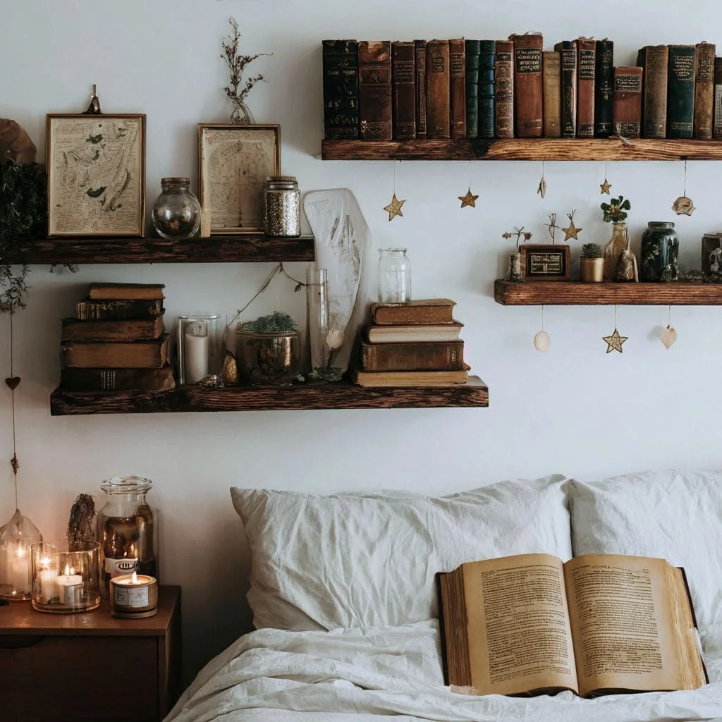 Floating Shelves with Vintage Books and Candles