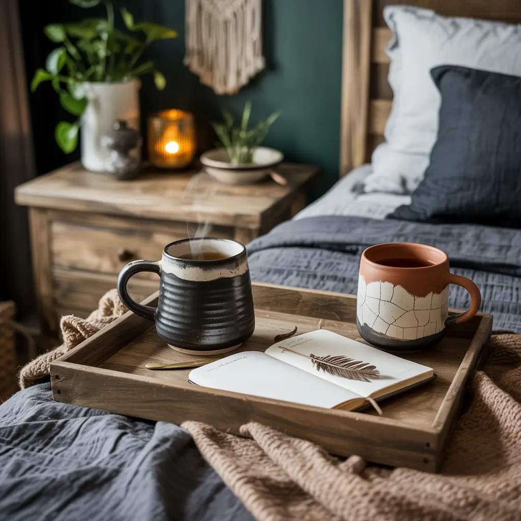 22. Ceramic Mugs and Bed Trays for a Cozy Lived In Feel