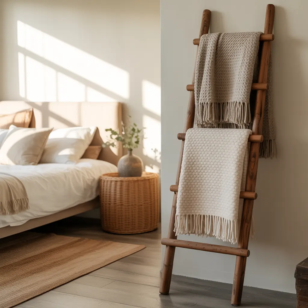 22. Rustic Ladder for Hanging Throws or Towels