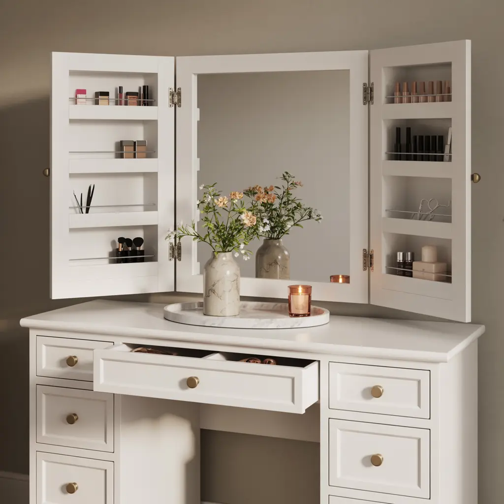 24. Vanity with Hidden Storage Drawers for Organization