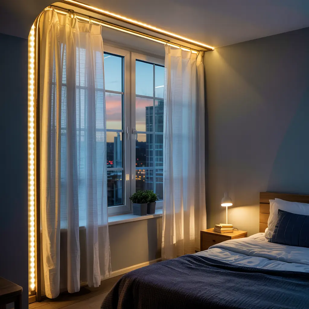 25. LED Light Strips Framing the Window for a Soft Glow