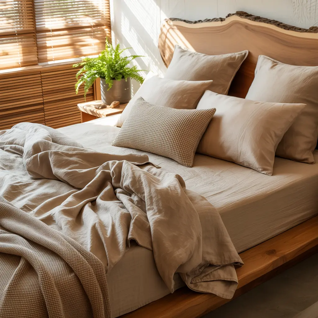 3. Linen or Cotton Bedding in Beige and Taupe