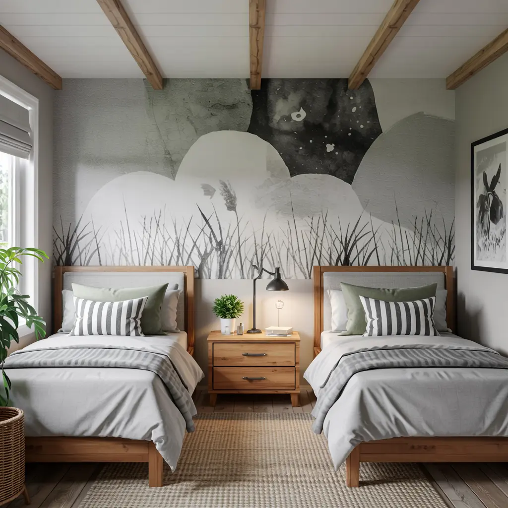 3. Twin Beds with a Shared Nightstand for a Balanced Look
