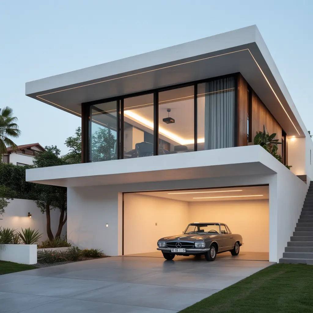 4. Contemporary Flat Roof Design with Built In Garage