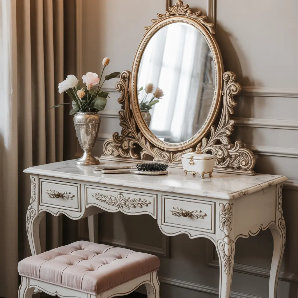 4. Vintage Wooden Vanity with Ornate Details