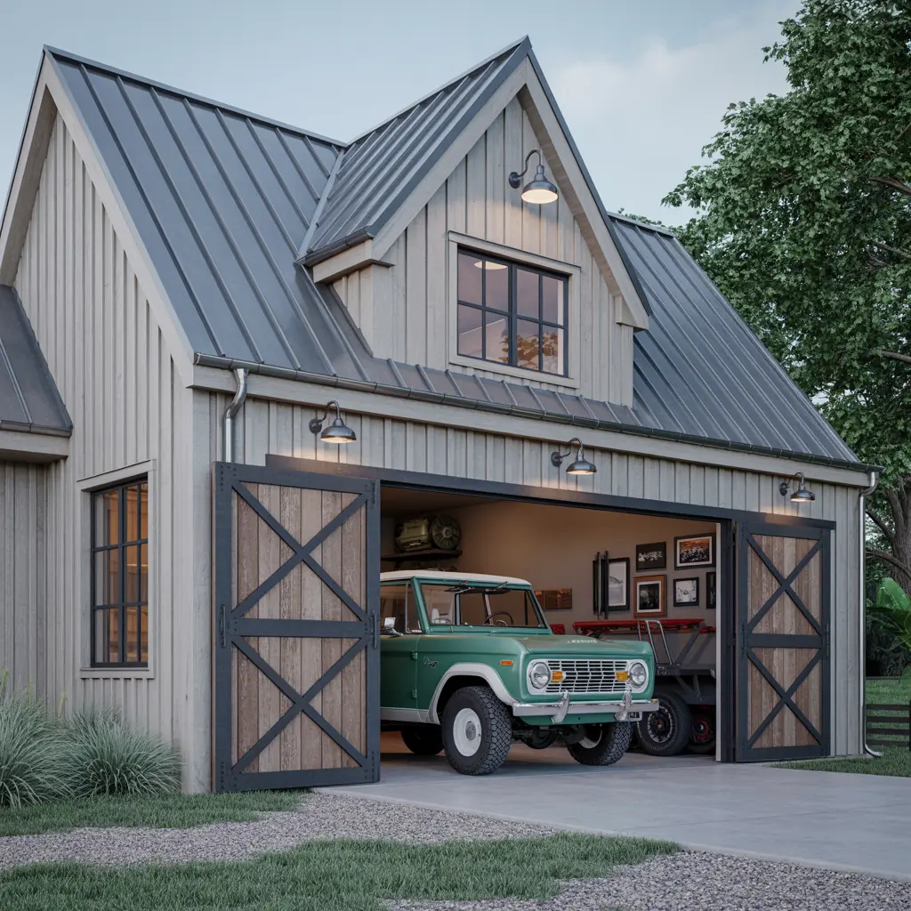 5. Modern Farmhouse with a Rustic Wooden Garage Door