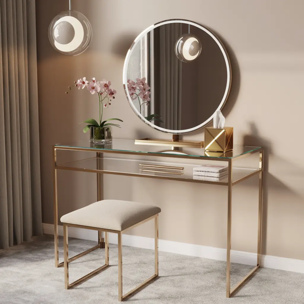 5. Modern Glass Vanity Table with Gold Accents