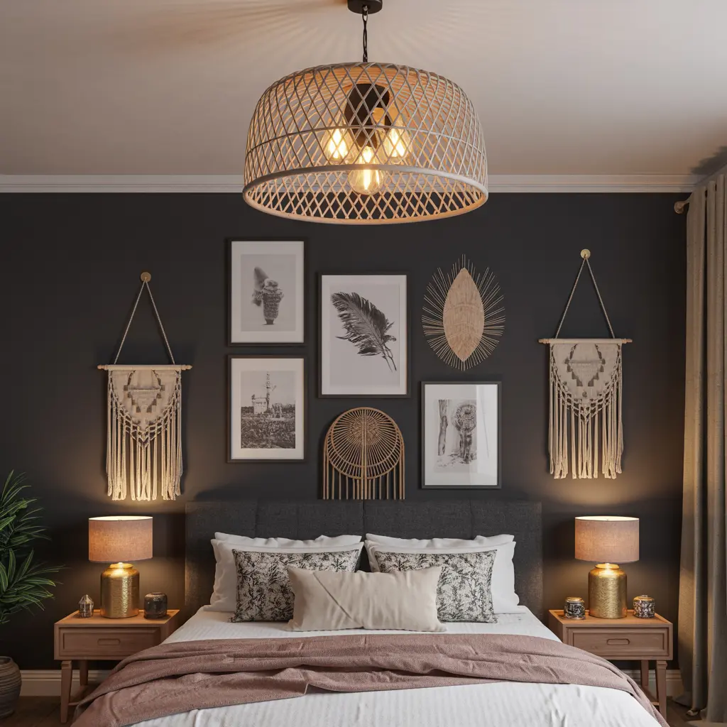 5. Rattan Light Fixture with Warm Edison Bulbs