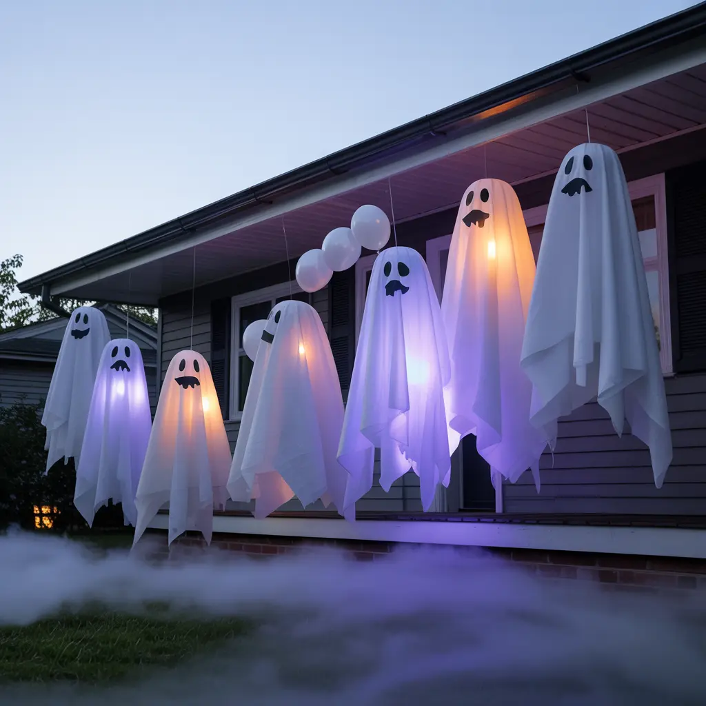 6. Floating Ghosts Made from White Sheets and Balloons