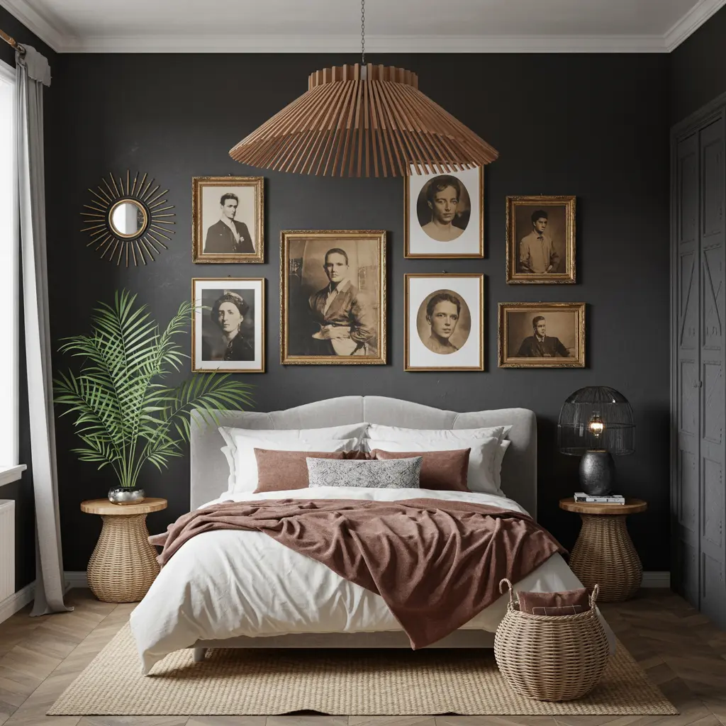 6. Moody Gallery Wall with Vintage Frames and Portraits