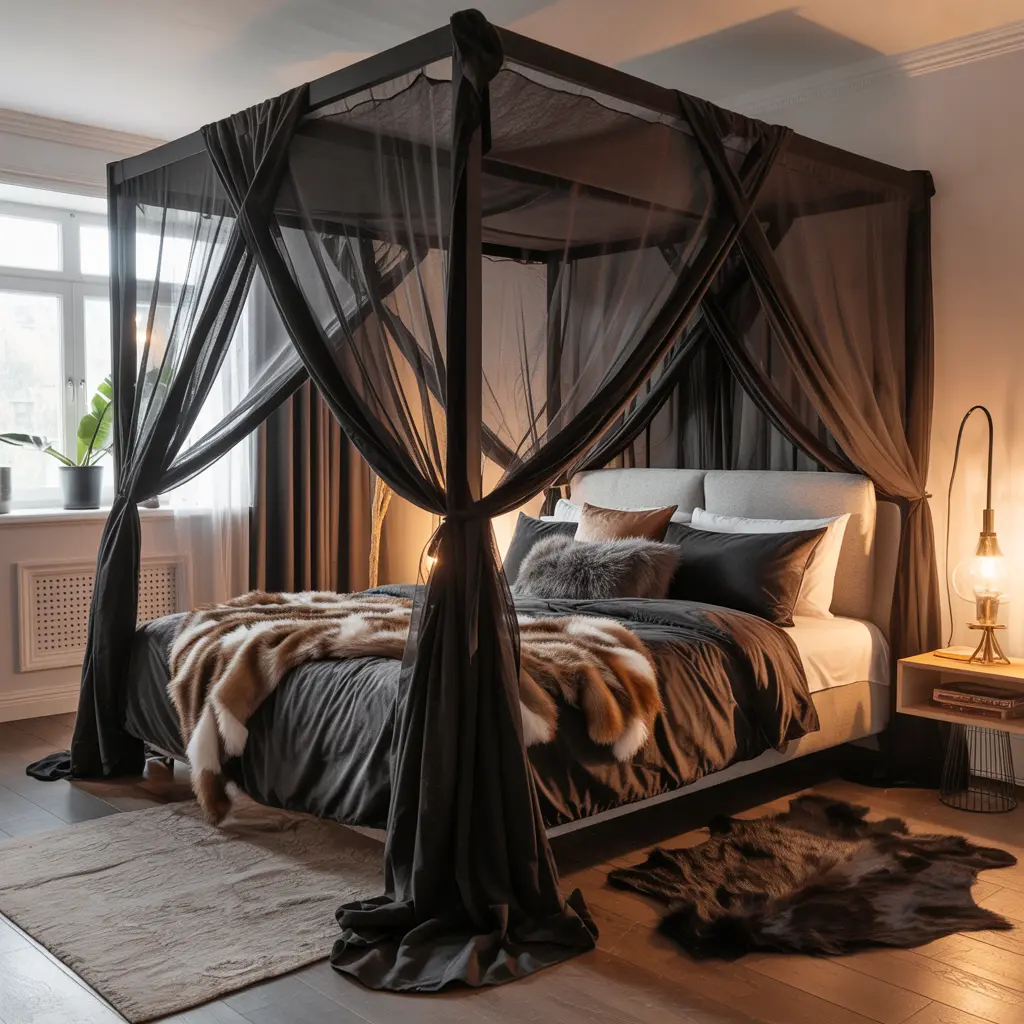 7. Canopy Bed Draped in Sheer Black or Deep Brown Fabric