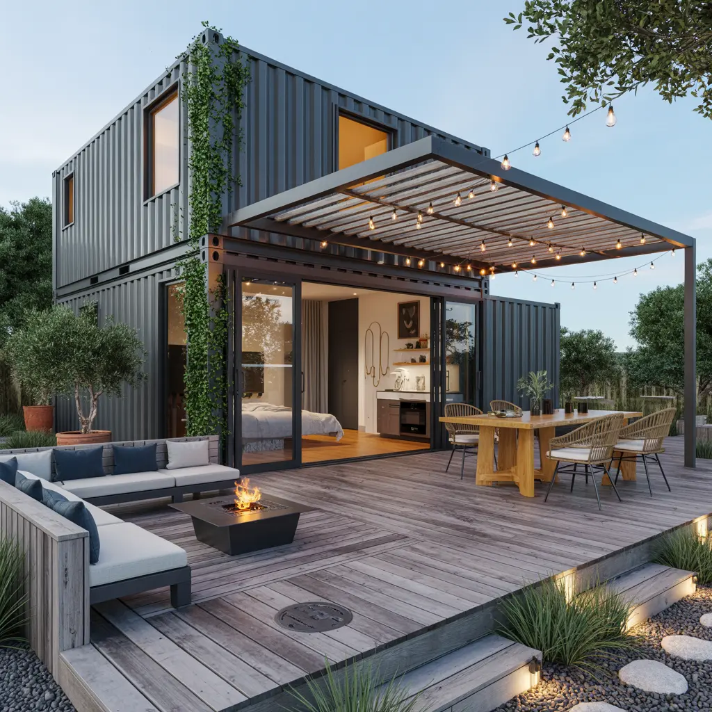 7. Container Home with Outdoor Pergola and Deck