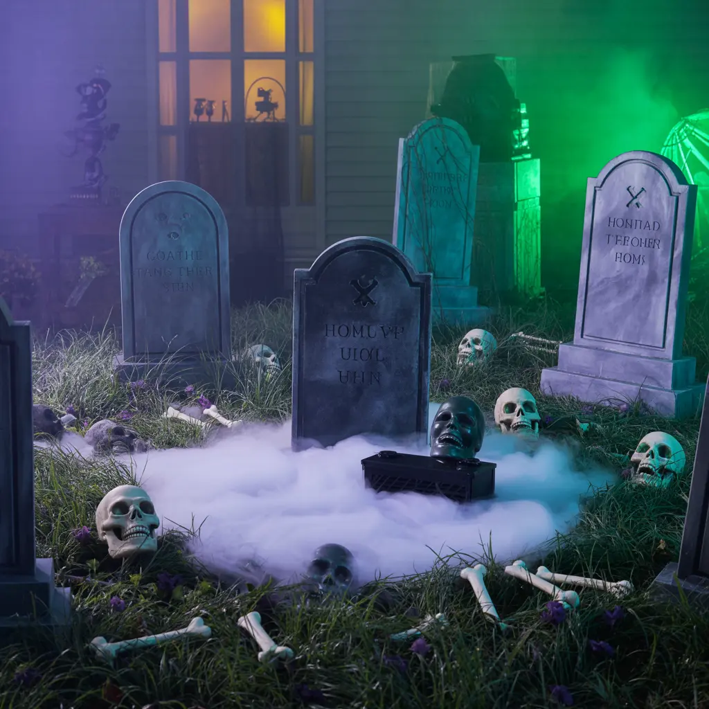 7. Graveyard Scene with Tombstones and Fog Machine