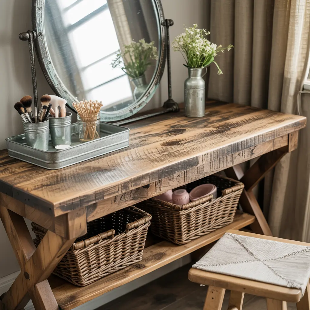 7. Rustic Farmhouse Vanity with Distressed Wood Finish