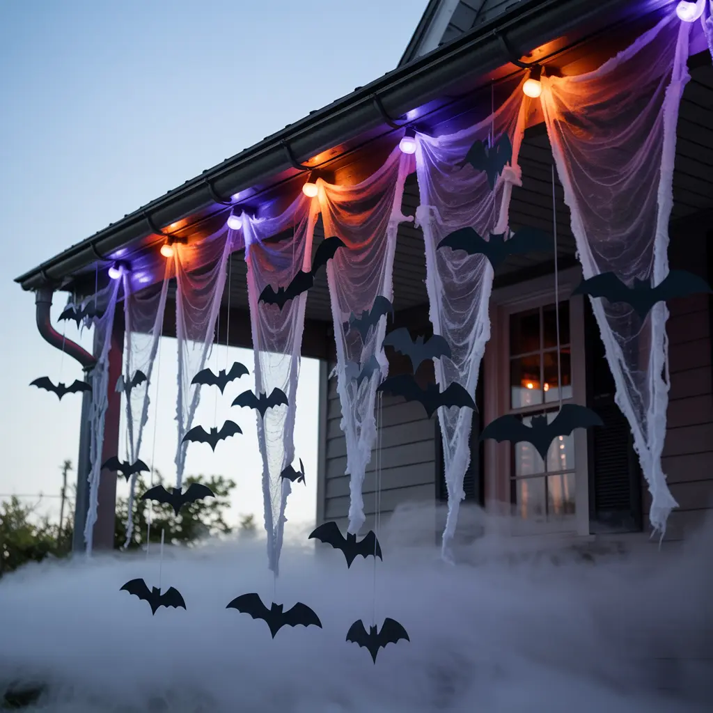 8. Hanging Bats and Creepy Cloth Draped from Roof Edges