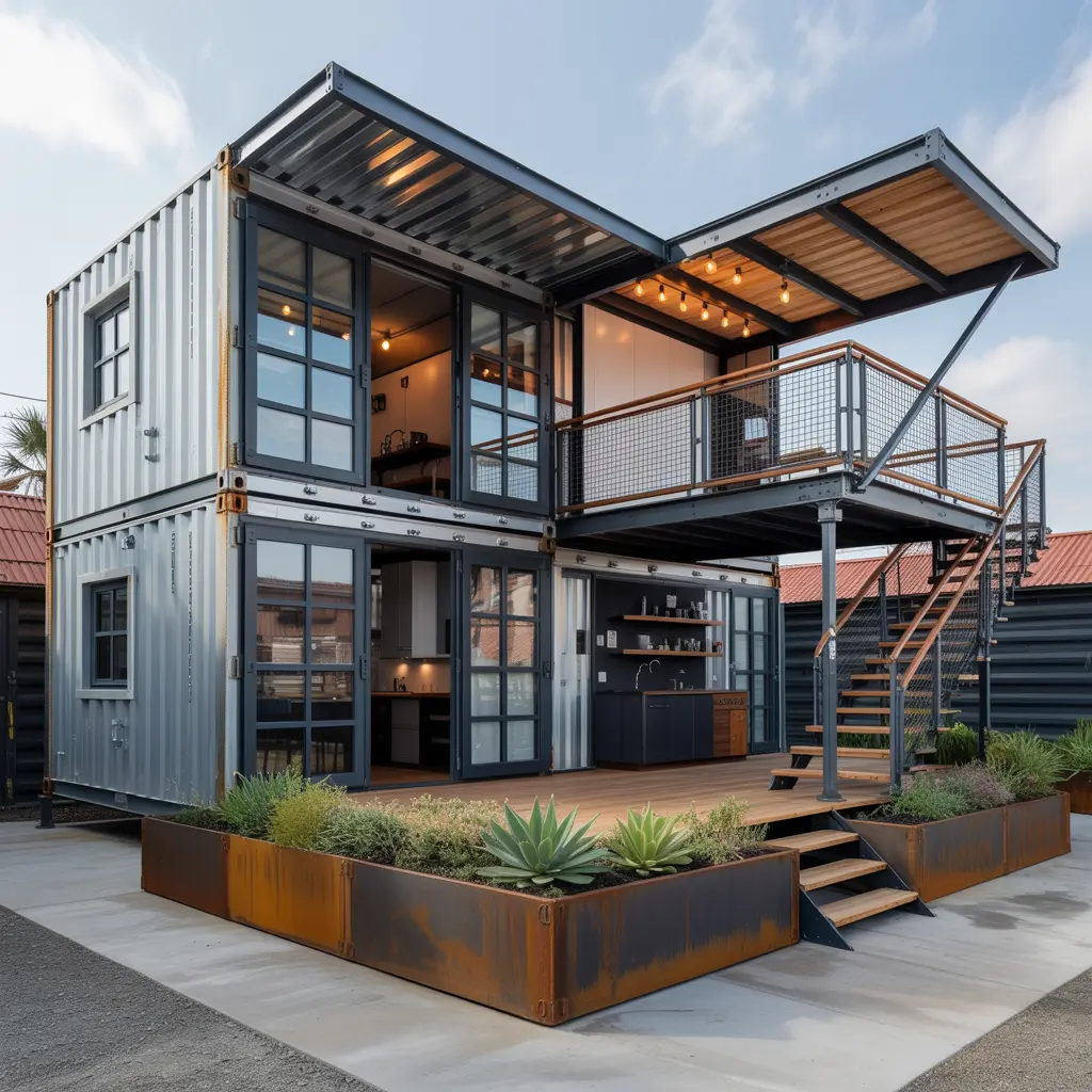 8. Industrial Style Container Home with Exposed Steel