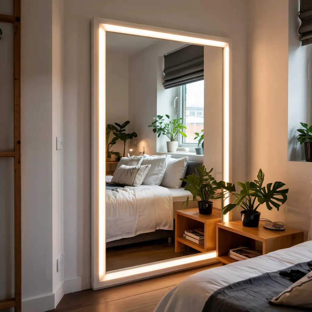9. LED Light Strips Framing a Full Length Mirror
