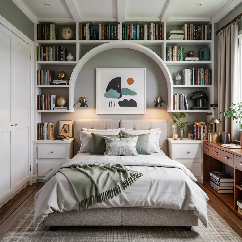 Cozy small bedroom designs with built in bookshelves