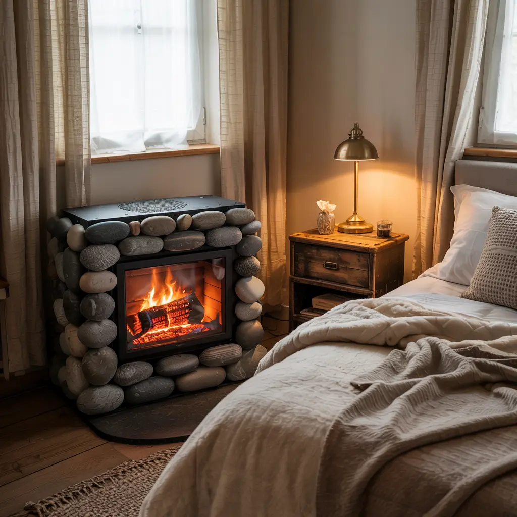 Cozy small bedroom designs with compact fireplace heaters