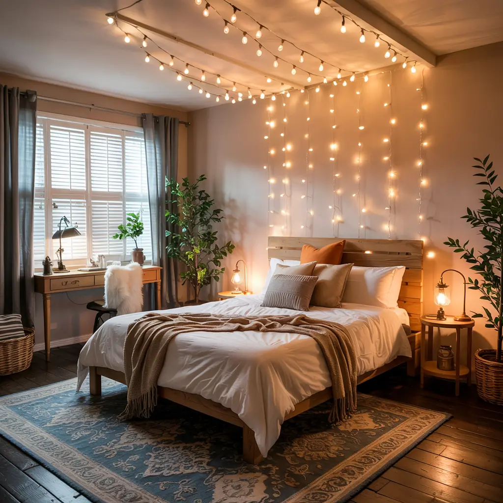 Cozy small bedroom designs with hanging fairy lights