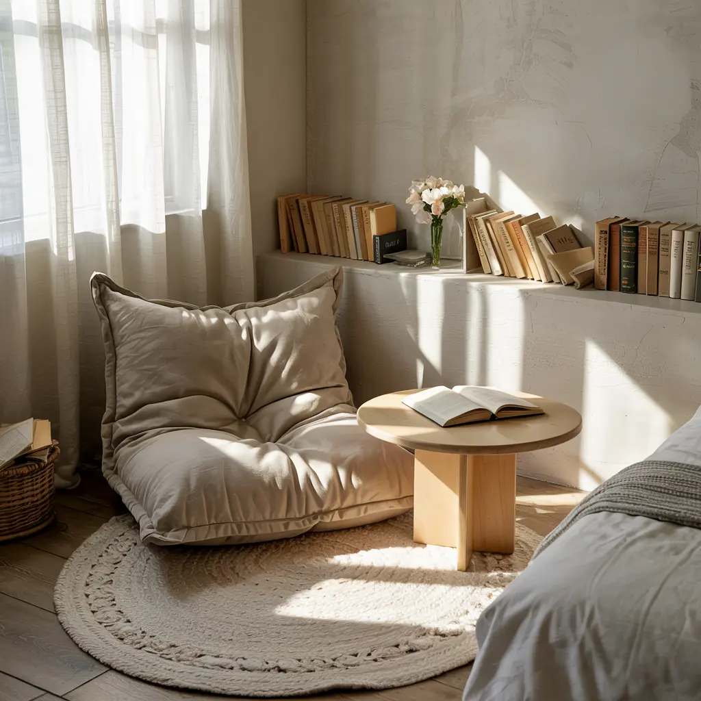 Cozy small bedroom designs with oversized floor pillows