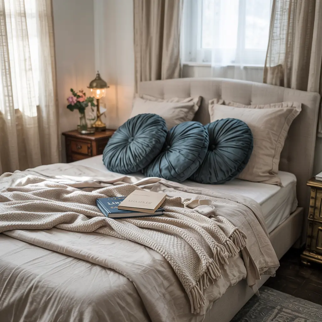 Cozy small bedroom designs with velvet cushions