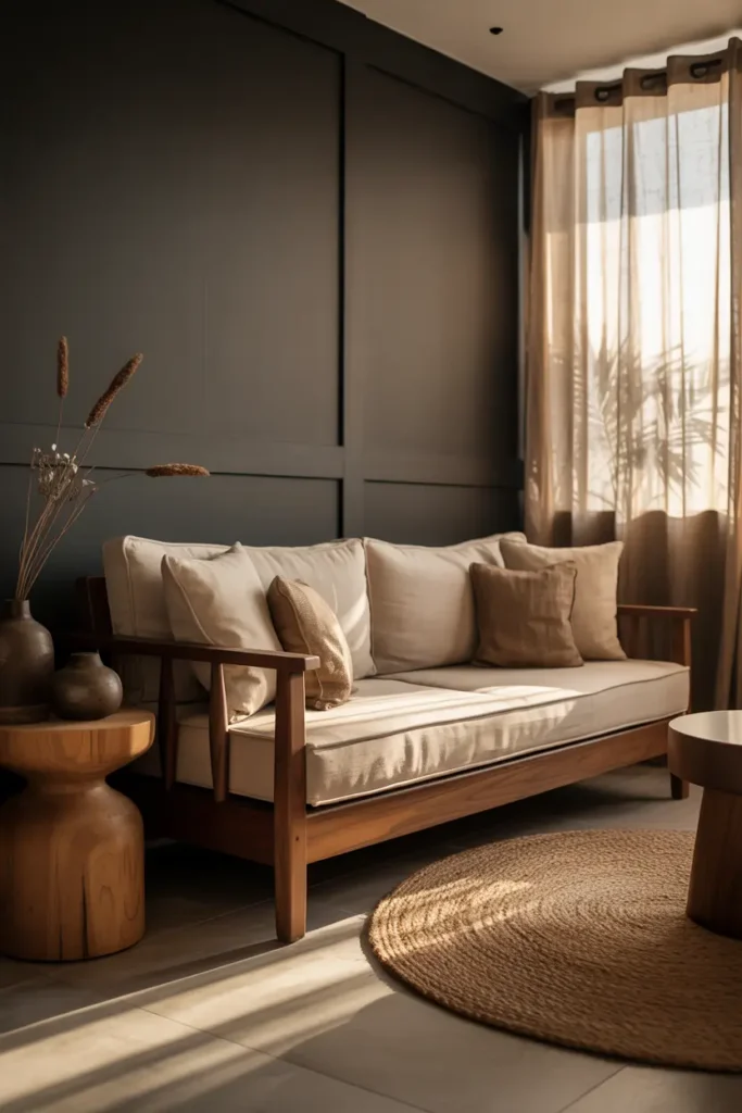 1. Black Accent Wall with Earth Toned Wooden Furniture