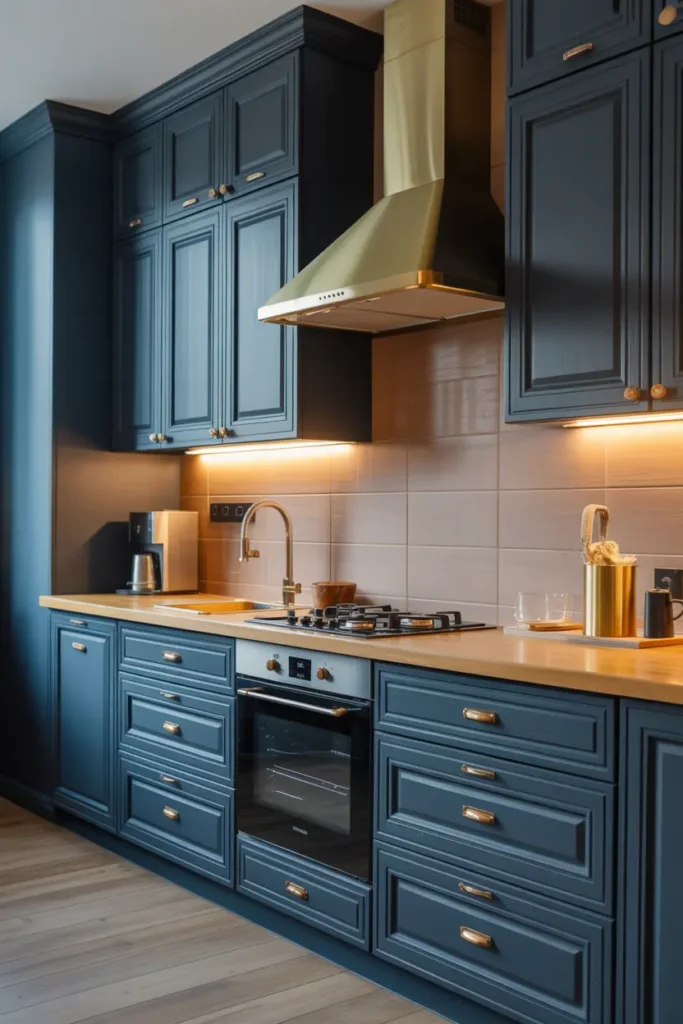 1. Dark Blue Cabinets with Brass Hardware