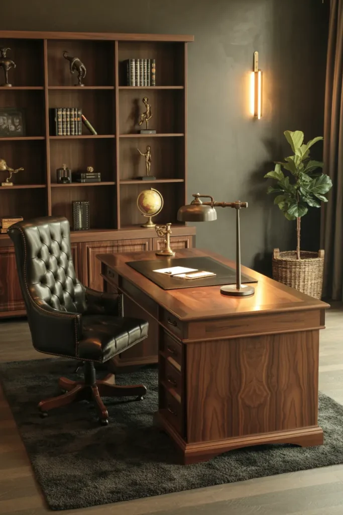 1. Dark Wood Desk with Leather Office Chair