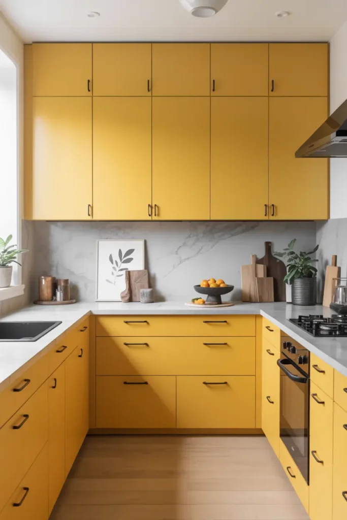 1. Modern Mustard Yellow Kitchen Cabinets