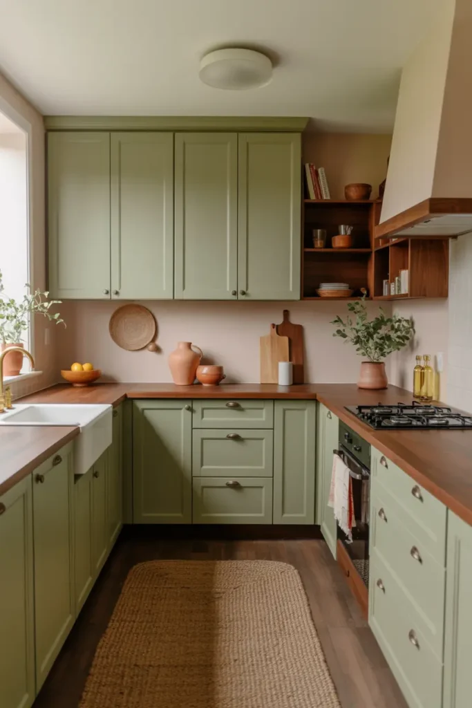 1. Sage Green Cabinets with Walnut Countertops