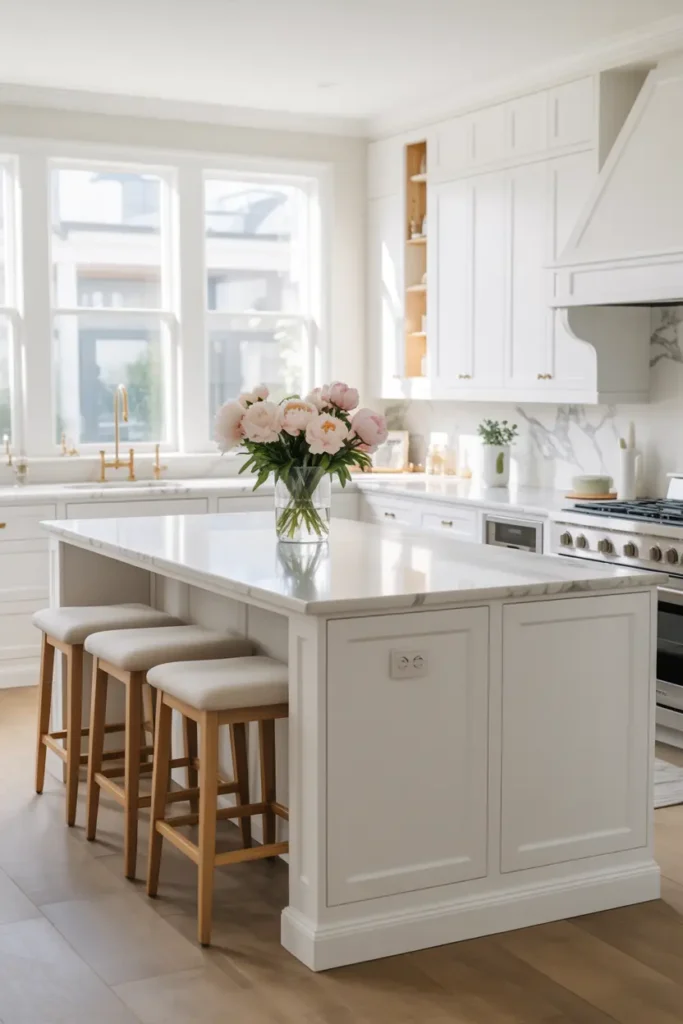 1. White Kitchen Island with Marble Countertop