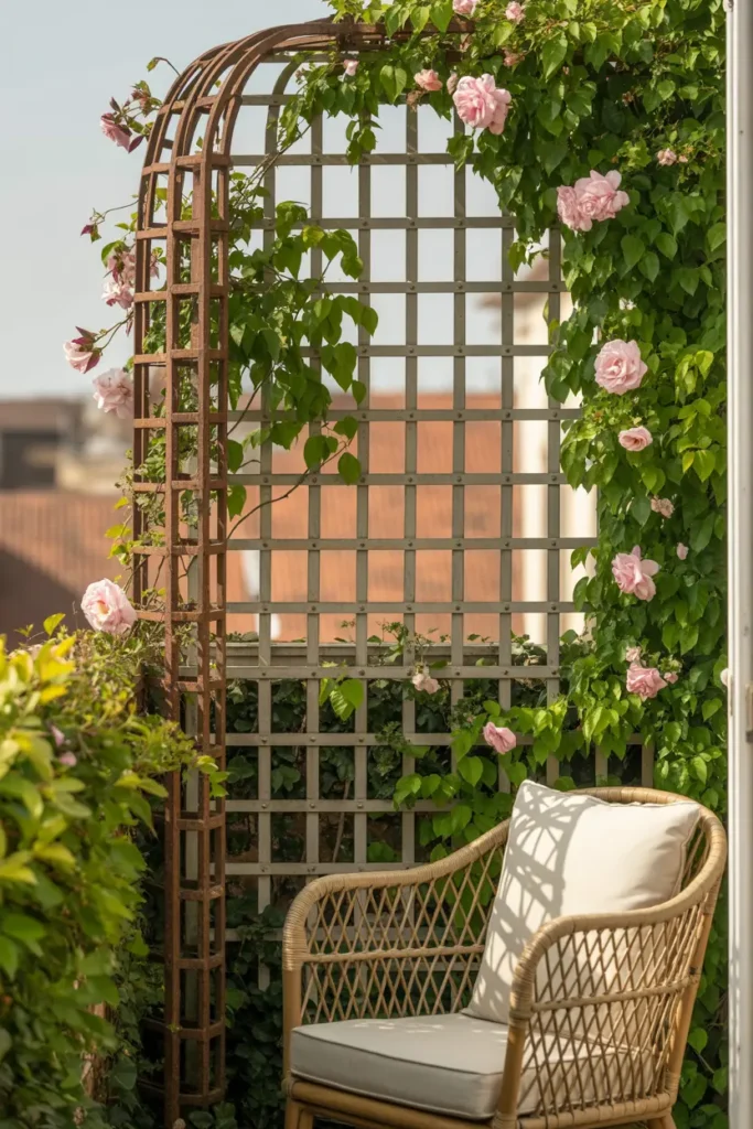10. Balcony Trellis with Climbing Plants for Shade