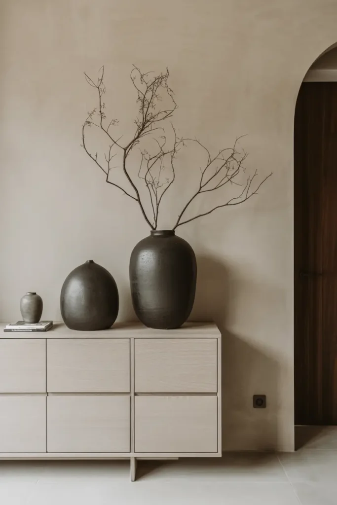10. Black Ceramic Vases on Wooden Sideboards