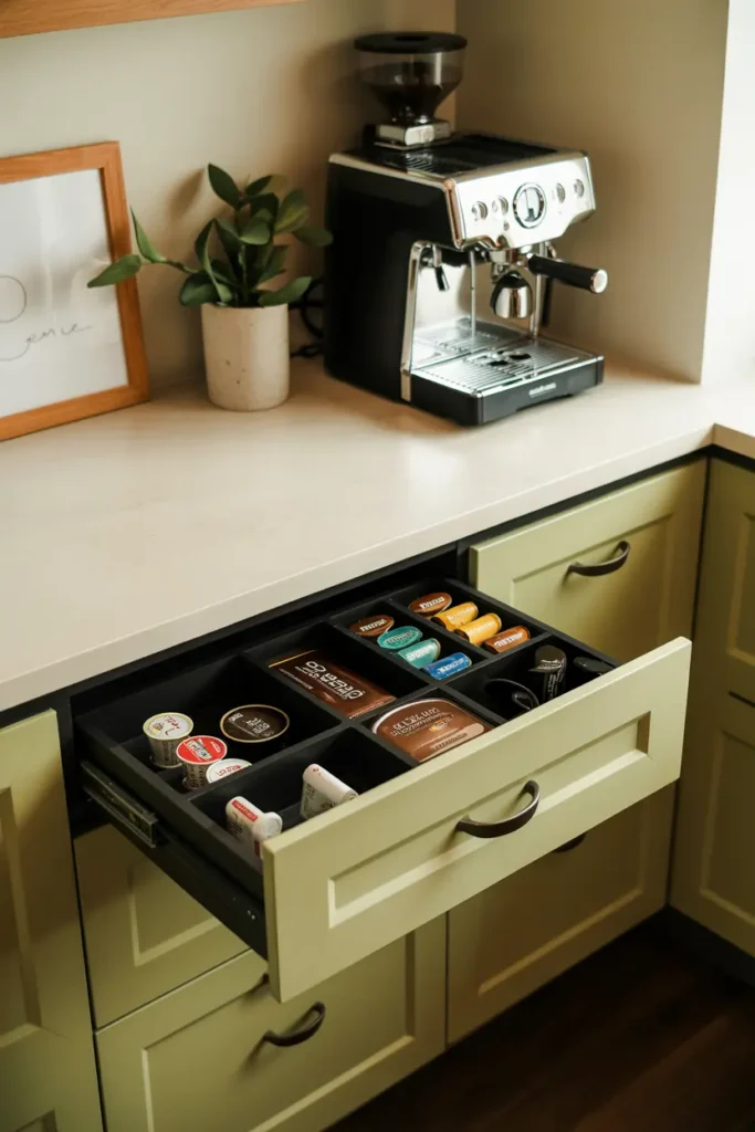 10. Coffee Bar with Built In Drawer for Pods and Filters