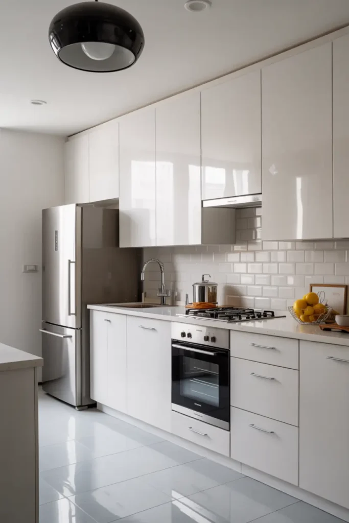 10. Glossy White Cabinets with Stainless Steel Appliances