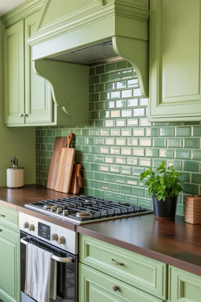 10. Green Tile Backsplash with Brown Granite Counters