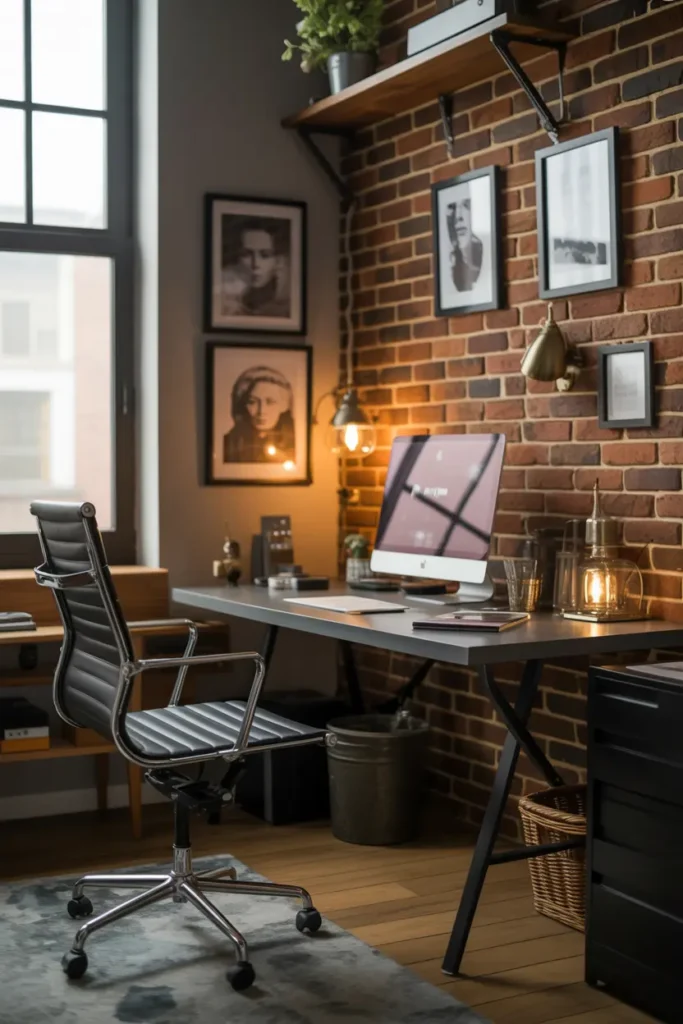 10. Industrial Style Office with Exposed Brick Wall