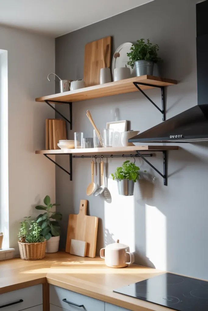 10. Matte Gray Wall with Floating Wood Shelves