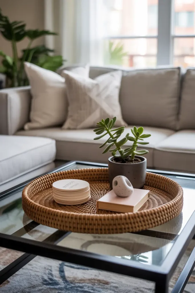 10. Tray with Coasters and a Small Plant for Living Room