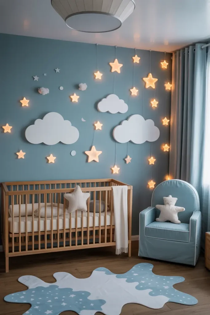 11. Cloud or Star Themed Nursery with LED Night Lights