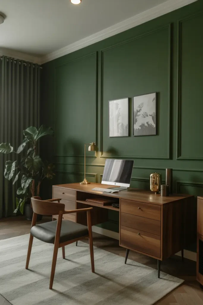 11. Dark Green Accent Wall Paired with Wooden Furniture