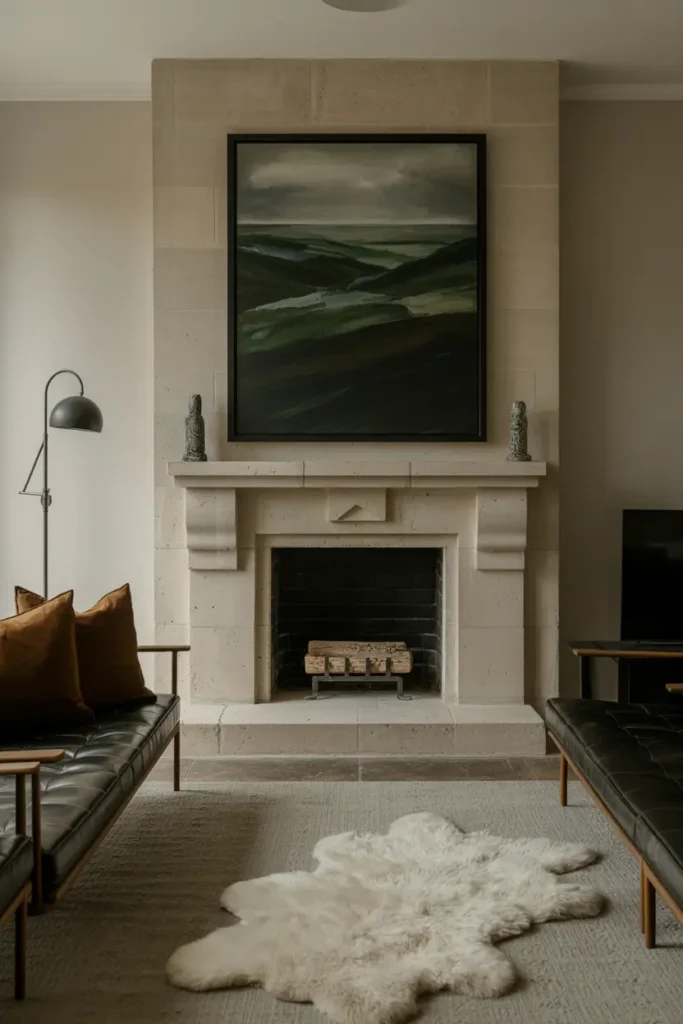11. Earthy Stone Fireplace with Black Framed Artwork
