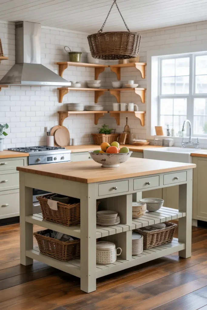 11. Farmhouse Kitchen Island with Open Shelves