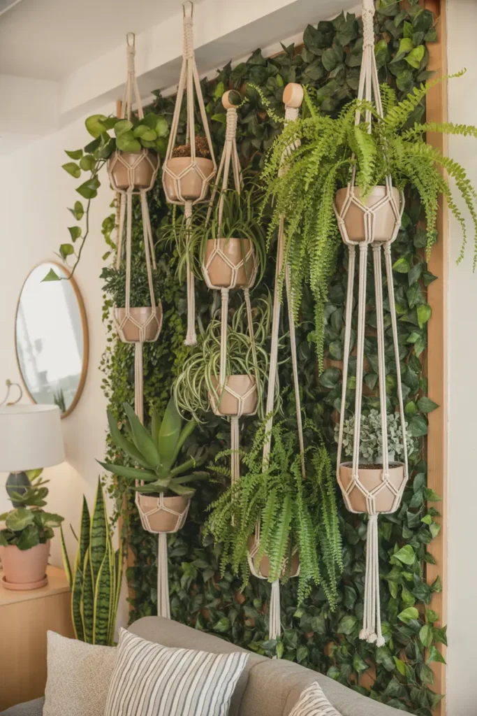 11. Greenery Wall with Hanging Planters and Macrame