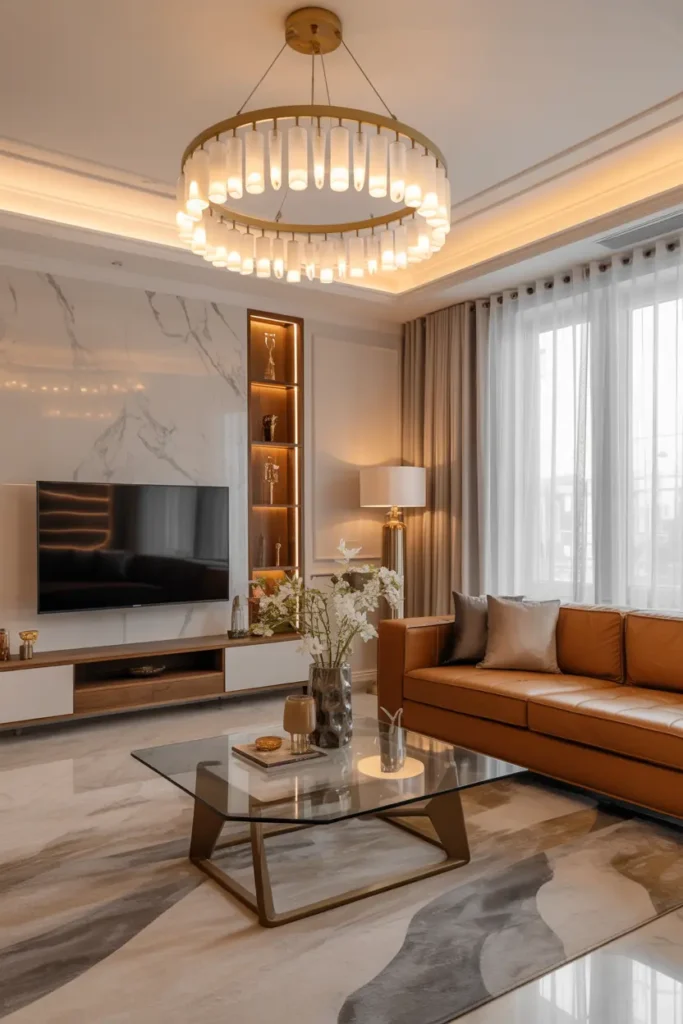 11. Luxury Living Room with Marble Accents