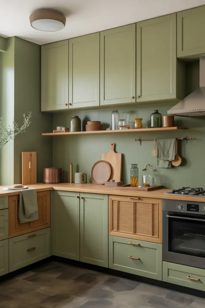 11. Matte Green Kitchen with Bamboo Accents