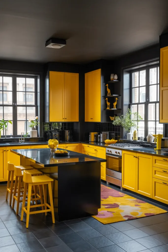 11. Mustard Yellow Kitchen with Black Countertops